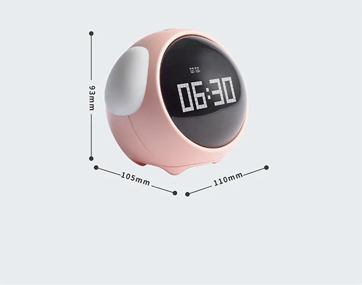 Multi-function alarm clock with pixel expression display and warm night light on a bedside table