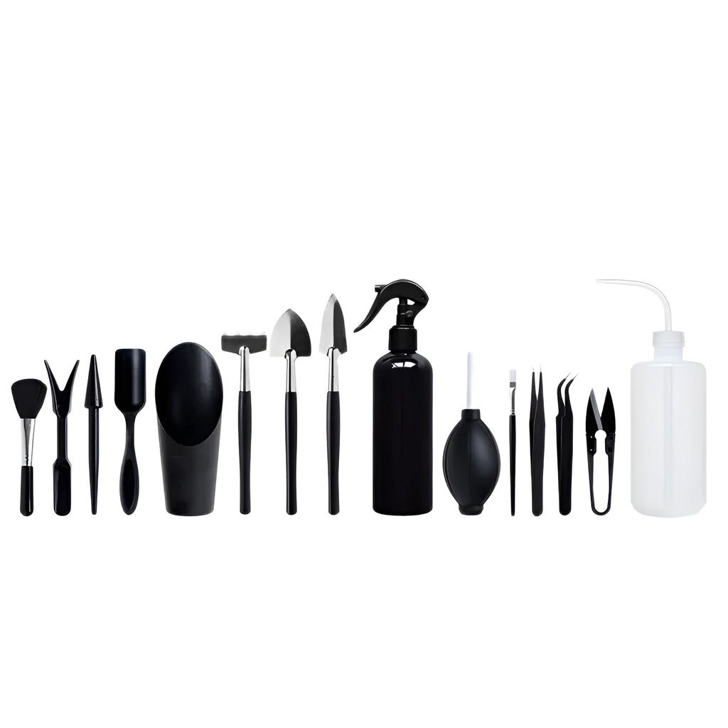 Black plastic and metal miniature garden tool set for succulents with cushion and watering bottle