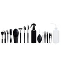 Black plastic and metal miniature garden tool set for succulents with cushion and watering bottle