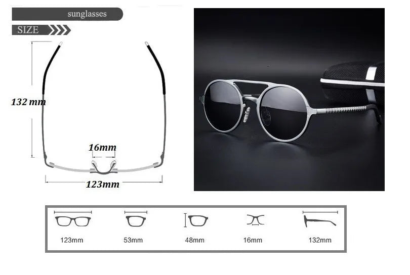 Men's polarised vintage round sunglasses with black aluminium magnesium frame and grey lens