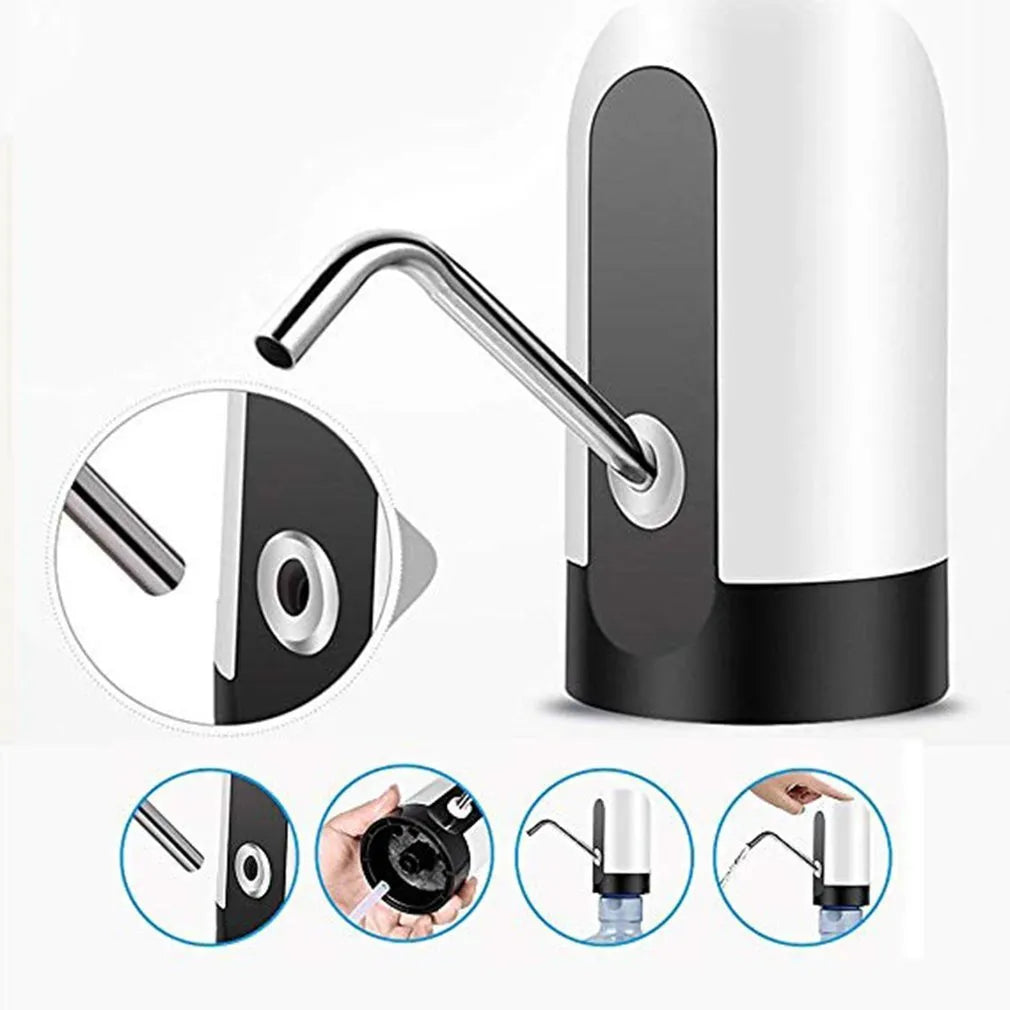 Electric bottled water pump in black, USB rechargeable, 13x7.5cm size, with white background