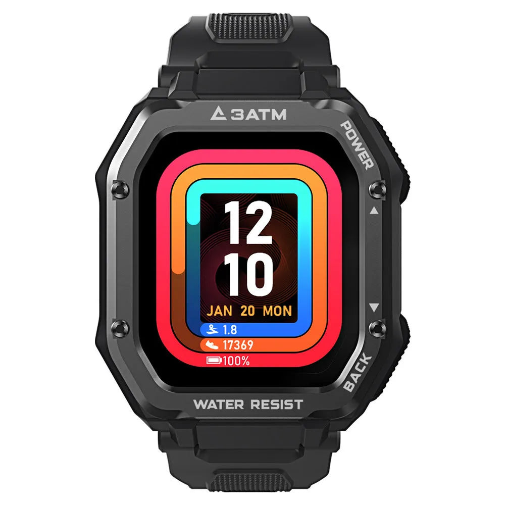Outdoor sports smart watch with 1.69-inch screen showing fitness metrics on silicone strap
