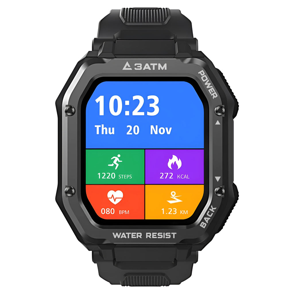 Outdoor sports smart watch with 1.69-inch screen showing fitness metrics on silicone strap