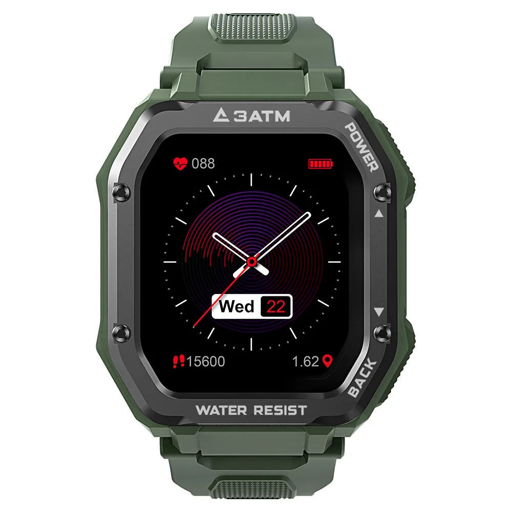 Outdoor sports smart watch with 1.69-inch screen showing fitness metrics on silicone strap
