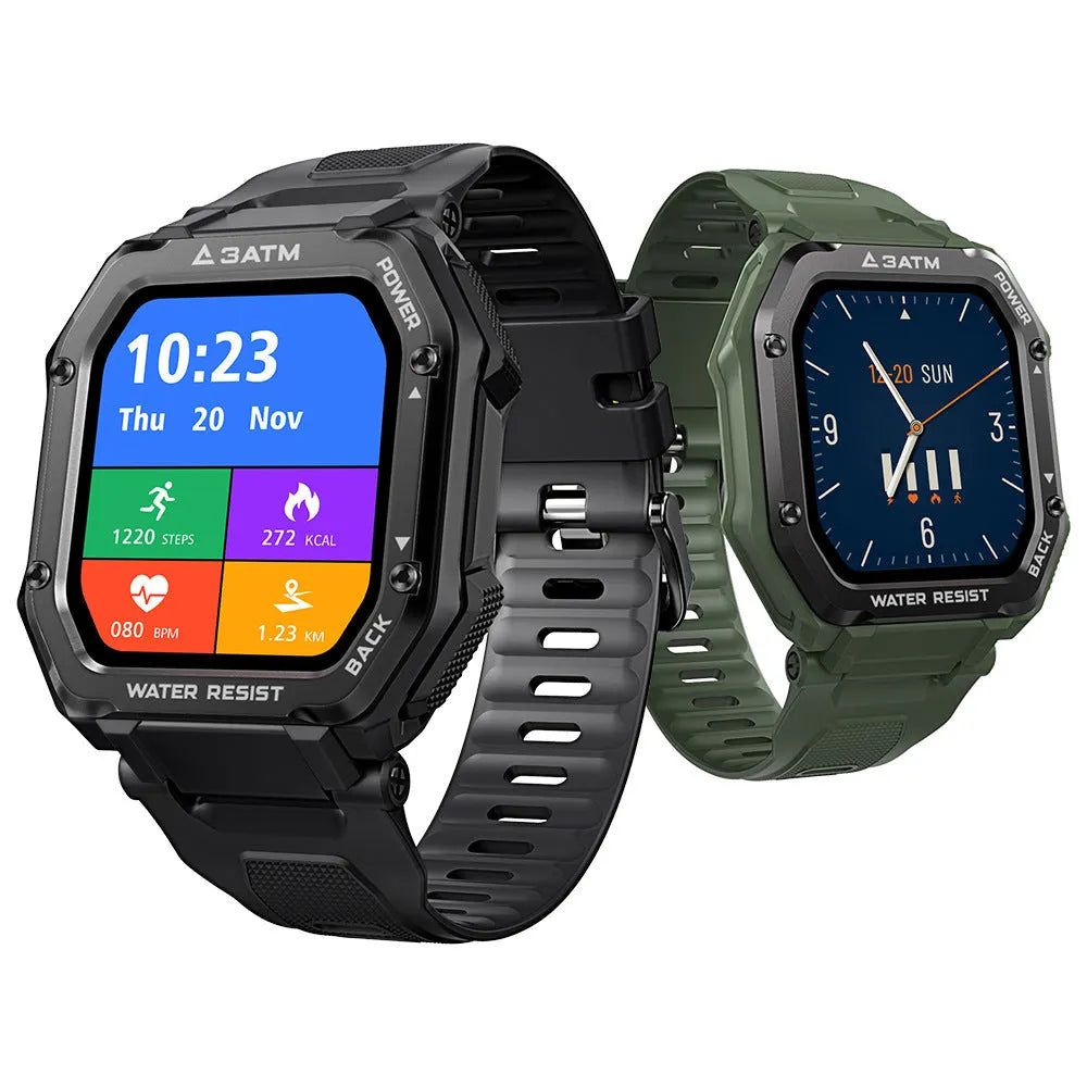 Outdoor sports smart watch with 1.69-inch screen showing fitness metrics on silicone strap