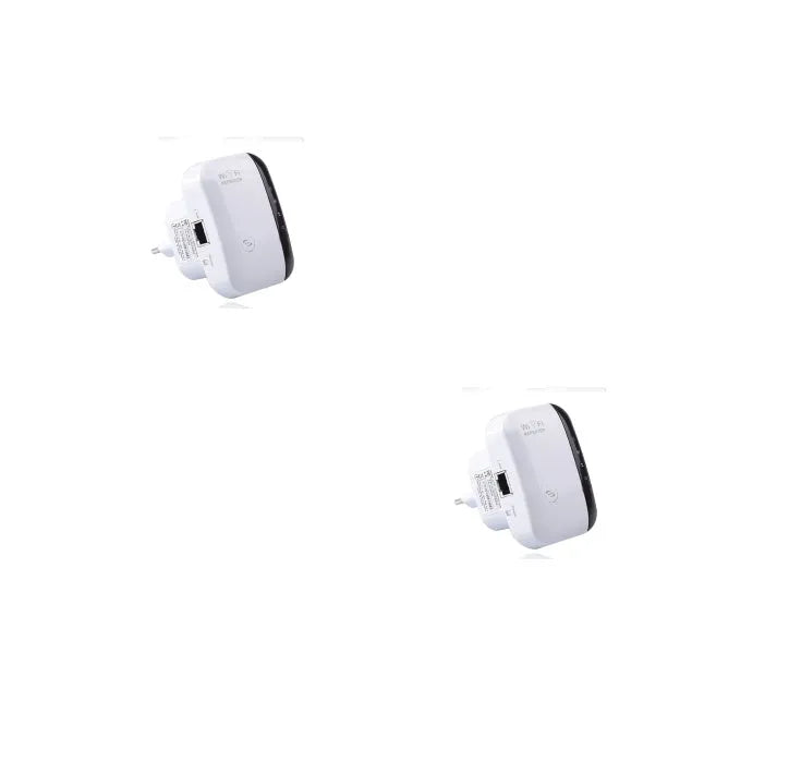 White and black wireless WiFi repeater with two antennas, 75x90mm, with UK plug