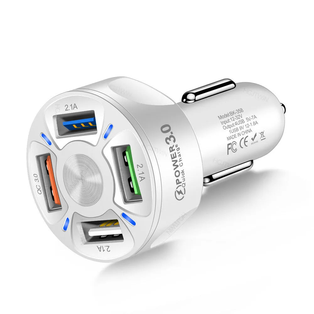 Fast charge car charger 4 USB ports QC3.0 3A ABS black white 3.8x3.8x7cm