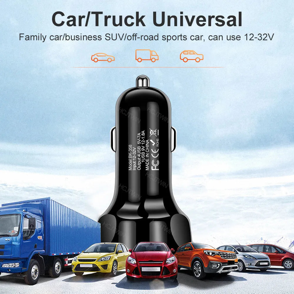 Fast charge car charger 4 USB ports QC3.0 3A ABS black white 3.8x3.8x7cm