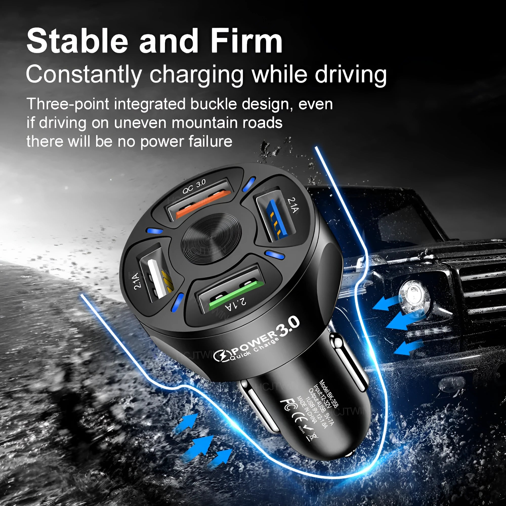 Fast charge car charger 4 USB ports QC3.0 3A ABS black white 3.8x3.8x7cm