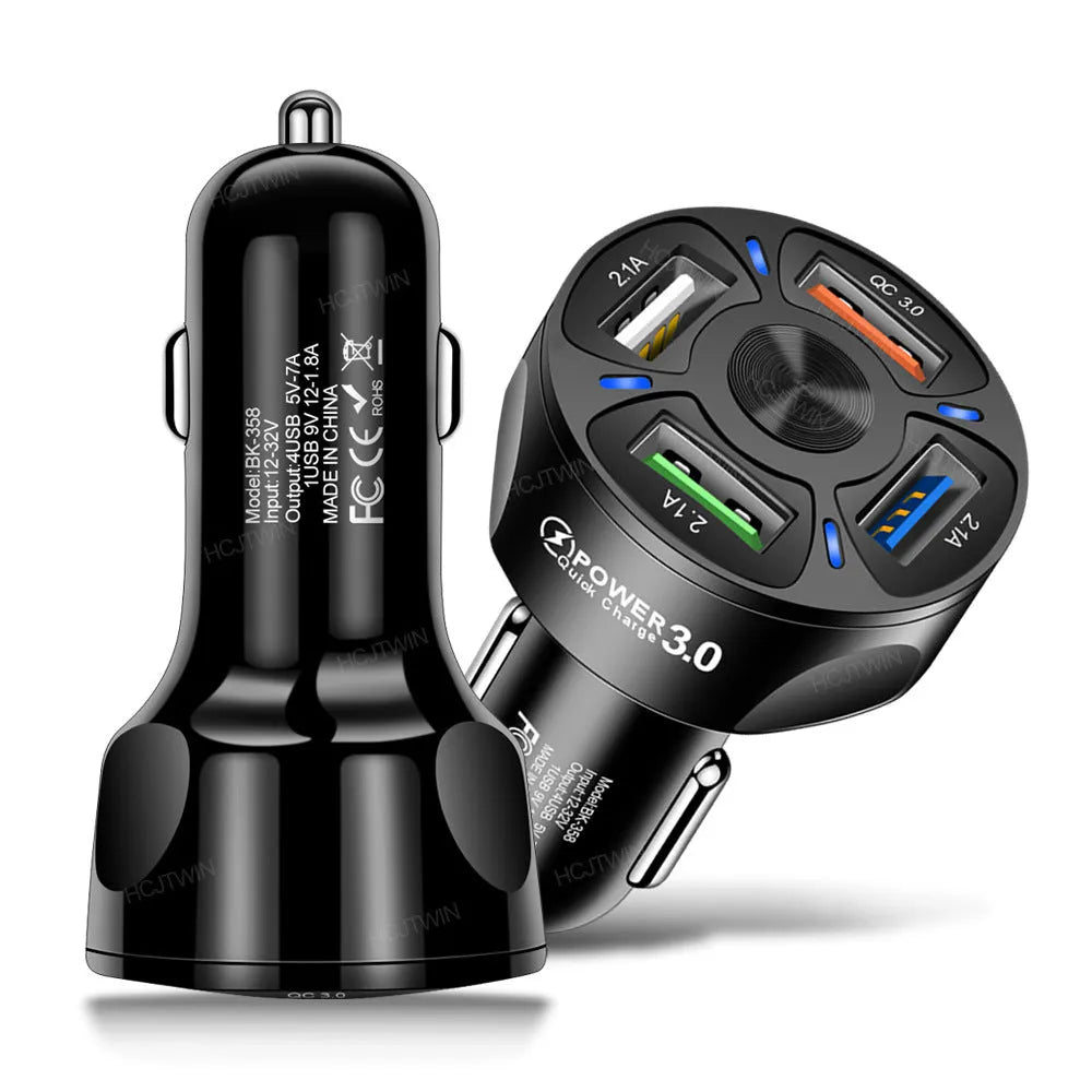Fast charge car charger 4 USB ports QC3.0 3A ABS black white 3.8x3.8x7cm