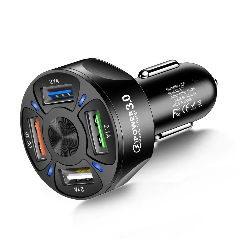 Fast charge car charger 4 USB ports QC3.0 3A ABS black white 3.8x3.8x7cm