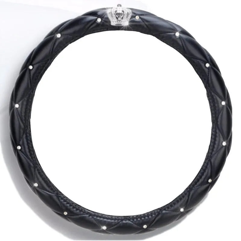 Women's diamond steering wheel cover with 5A Czech rhinestones on PU leather in black colour variant