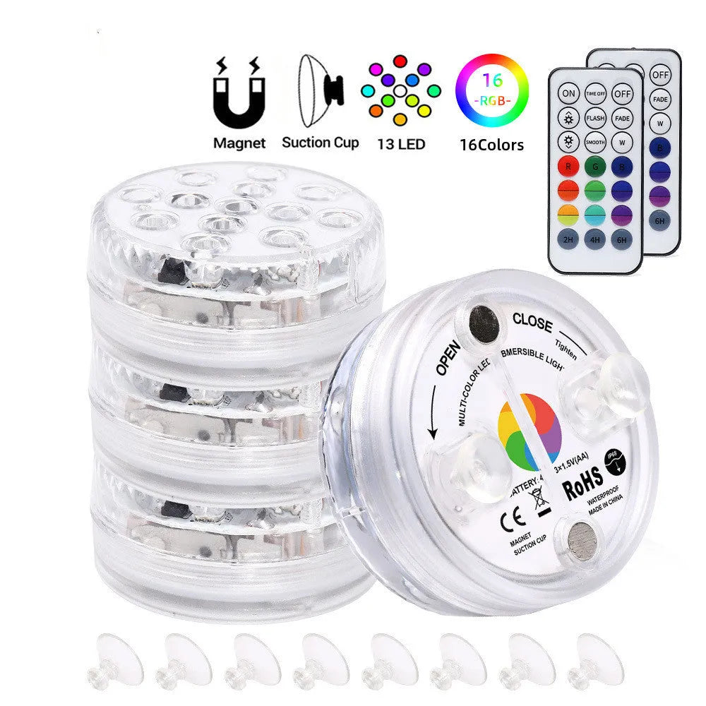 13-LED submersible light with suction cup in pool showing 16 colours