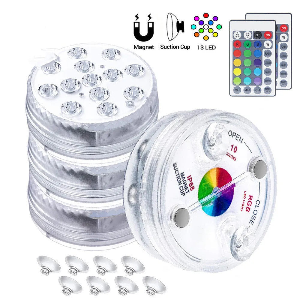 13-LED submersible light with suction cup in pool showing 16 colours