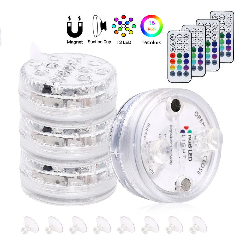 13-LED submersible light with suction cup in pool showing 16 colours
