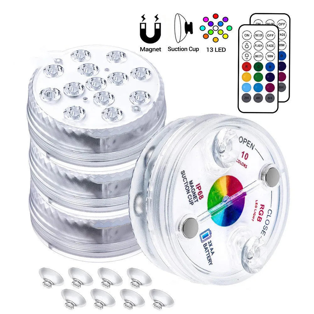 13-LED submersible light with suction cup in pool showing 16 colours