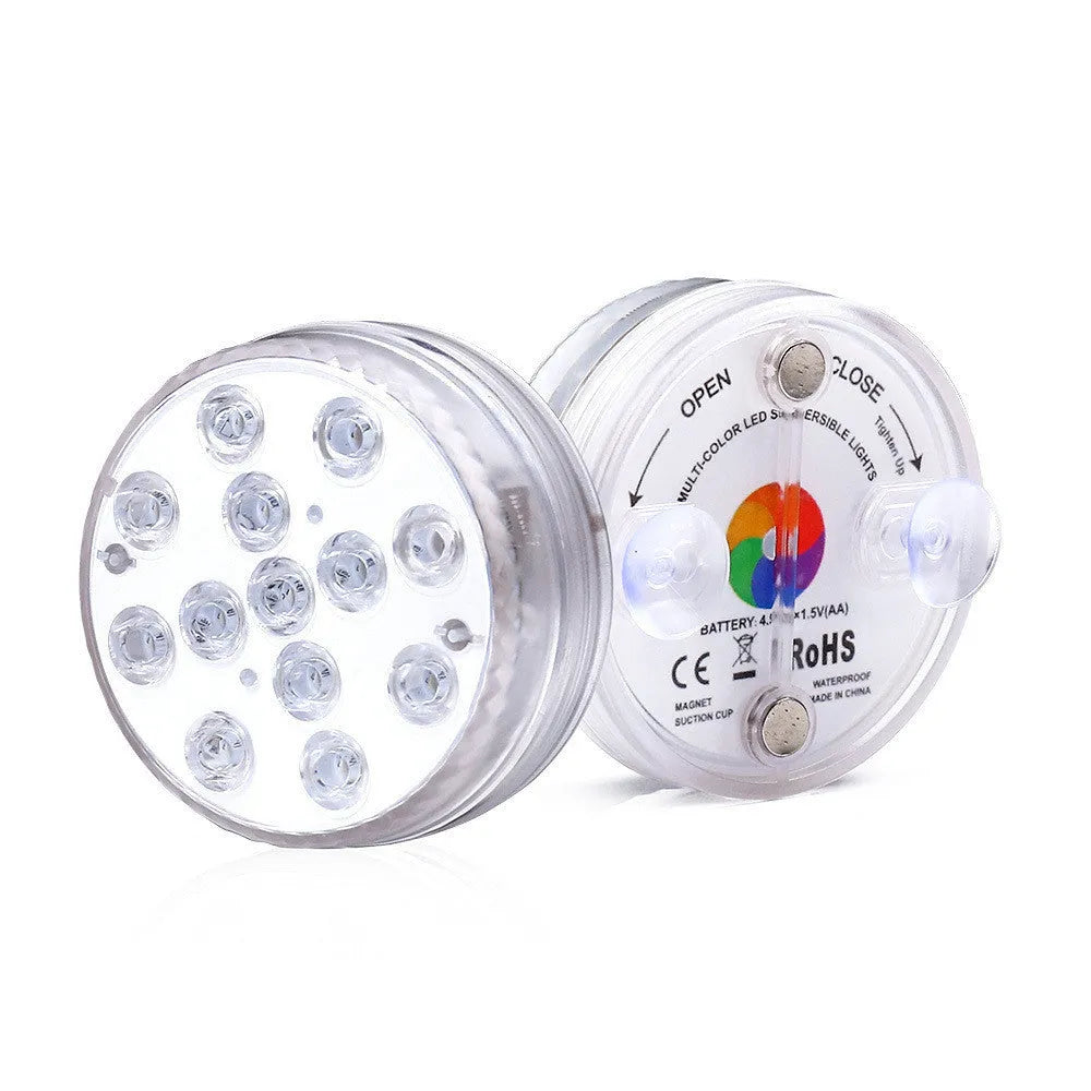 13-LED submersible light with suction cup in pool showing 16 colours