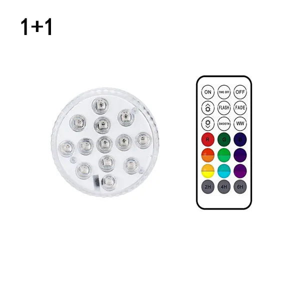 13-LED submersible light with suction cup in pool showing 16 colours