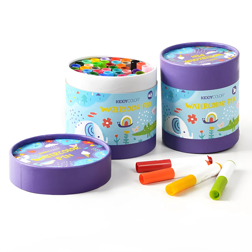 Children's washable brush pen set showing 36 and 48 colour watercolour marker options