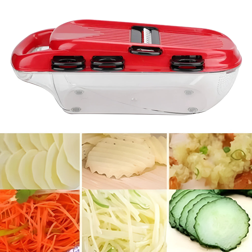 Red multifunctional vegetable cutter with seven stainless steel blades, capacity tub, and hand guard