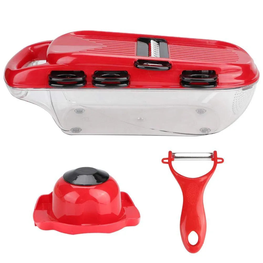 Red multifunctional vegetable cutter with seven stainless steel blades, capacity tub, and hand guard