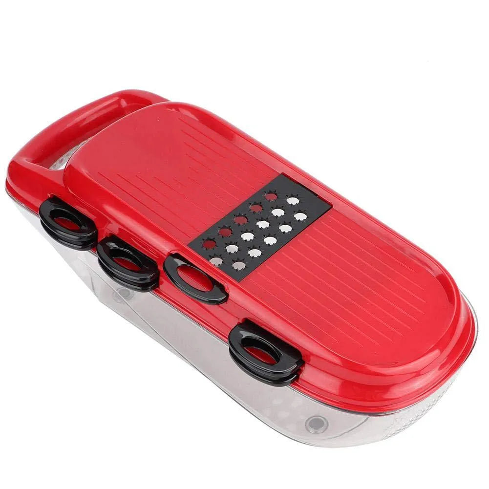 Red multifunctional vegetable cutter with seven stainless steel blades, capacity tub, and hand guard