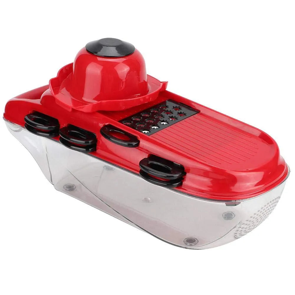 Red multifunctional vegetable cutter with seven stainless steel blades, capacity tub, and hand guard