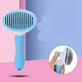Self-cleaning dog hair removal comb with blue handle, stainless steel needles, and non-slip grip