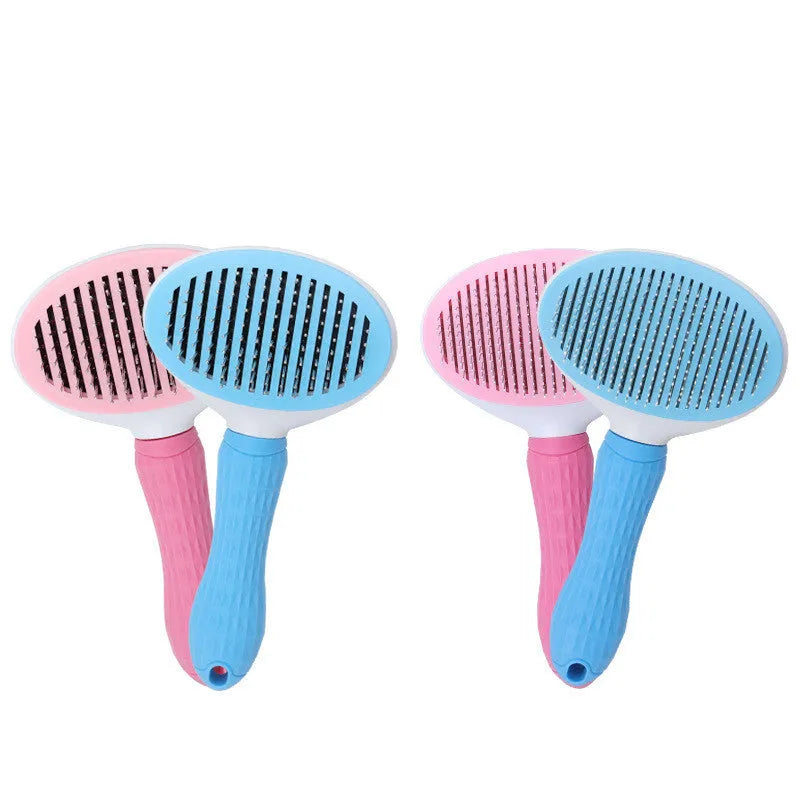 Self-cleaning dog hair removal comb with blue handle, stainless steel needles, and non-slip grip