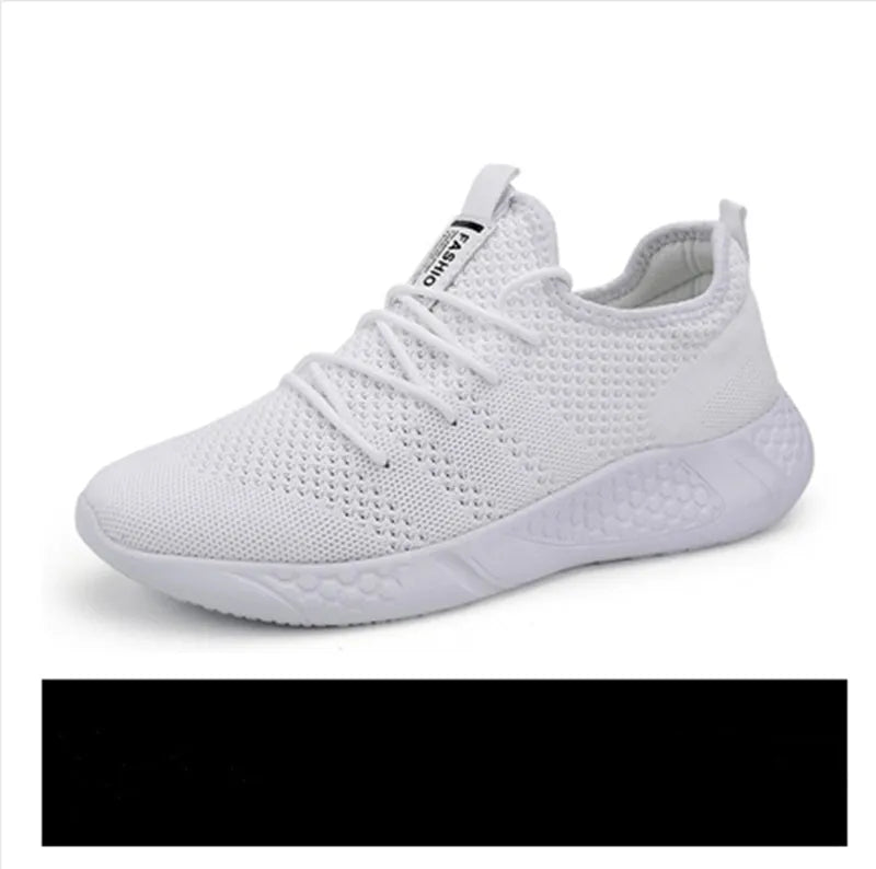 Men's black and white mesh sport shoes with lace-up front and round toe design
