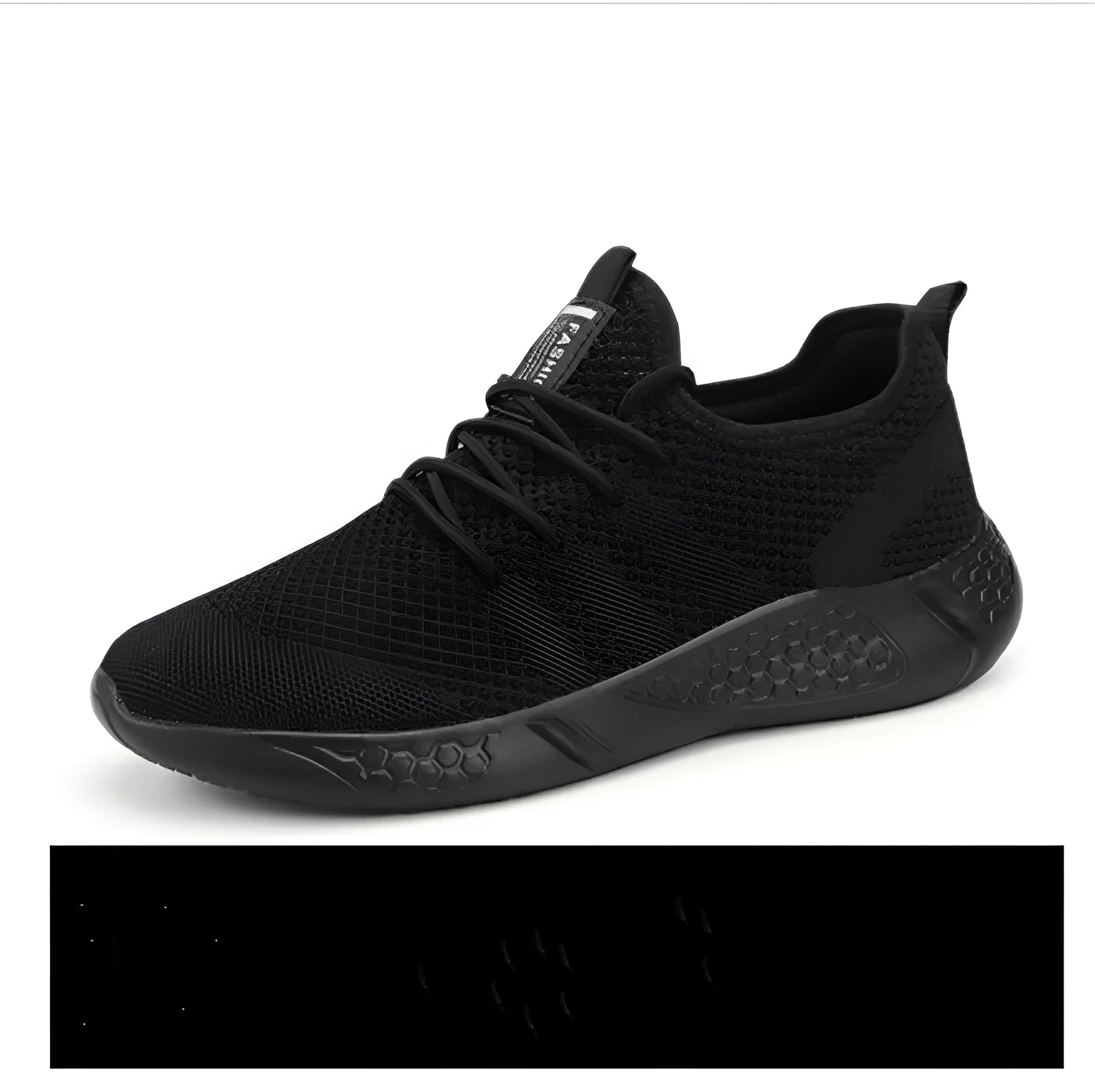 Men's black and white mesh sport shoes with lace-up front and round toe design
