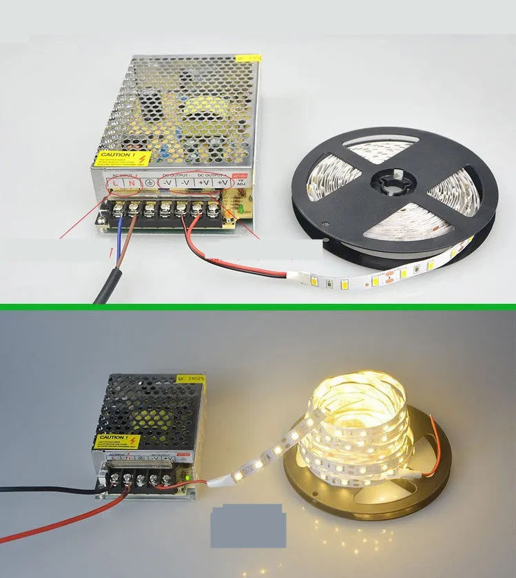 Close-up of a flexible white LED light strip with many small LEDs, bent to show its flexibility.