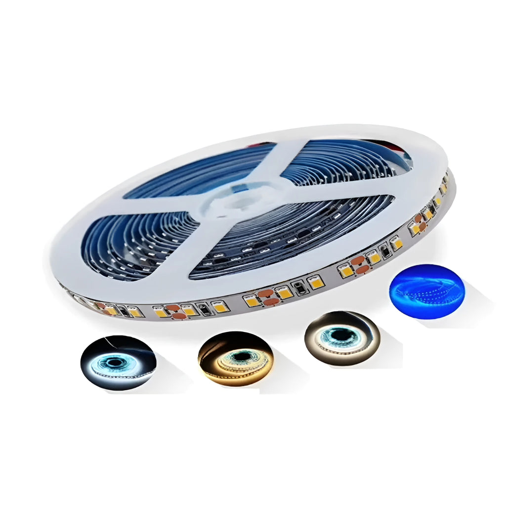 Close-up of a flexible white LED light strip with many small LEDs, bent to show its flexibility.