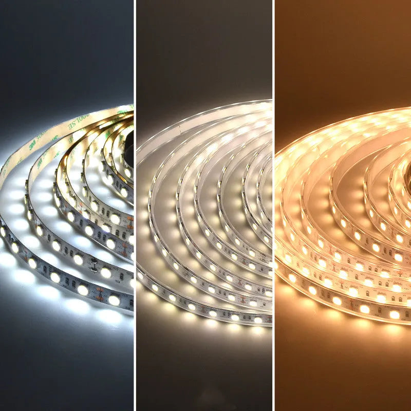 Close-up of a flexible white LED light strip with many small LEDs, bent to show its flexibility.