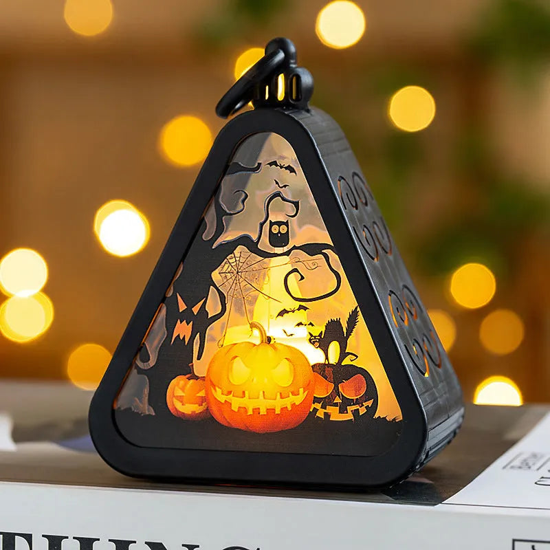 Halloween pumpkin lantern plastic decoration with castle, ghost hand, pumpkin, and witch colour variations