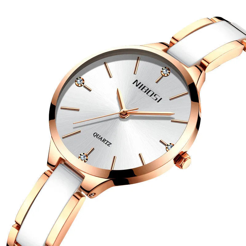 Rhinestone ceramic waterproof quartz ladies watch with stainless steel strap, 33mm dial, black dial option