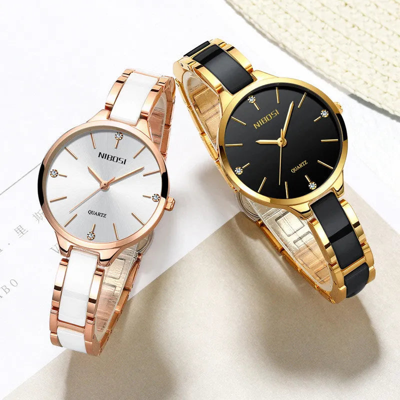 Rhinestone ceramic waterproof quartz ladies watch with stainless steel strap, 33mm dial, black dial option