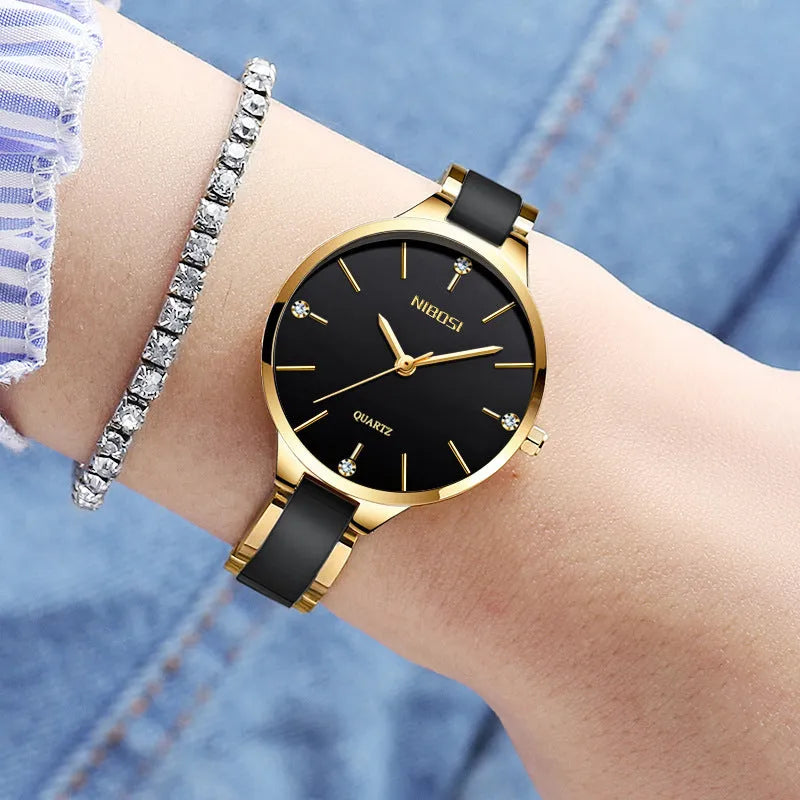 Rhinestone ceramic waterproof quartz ladies watch with stainless steel strap, 33mm dial, black dial option