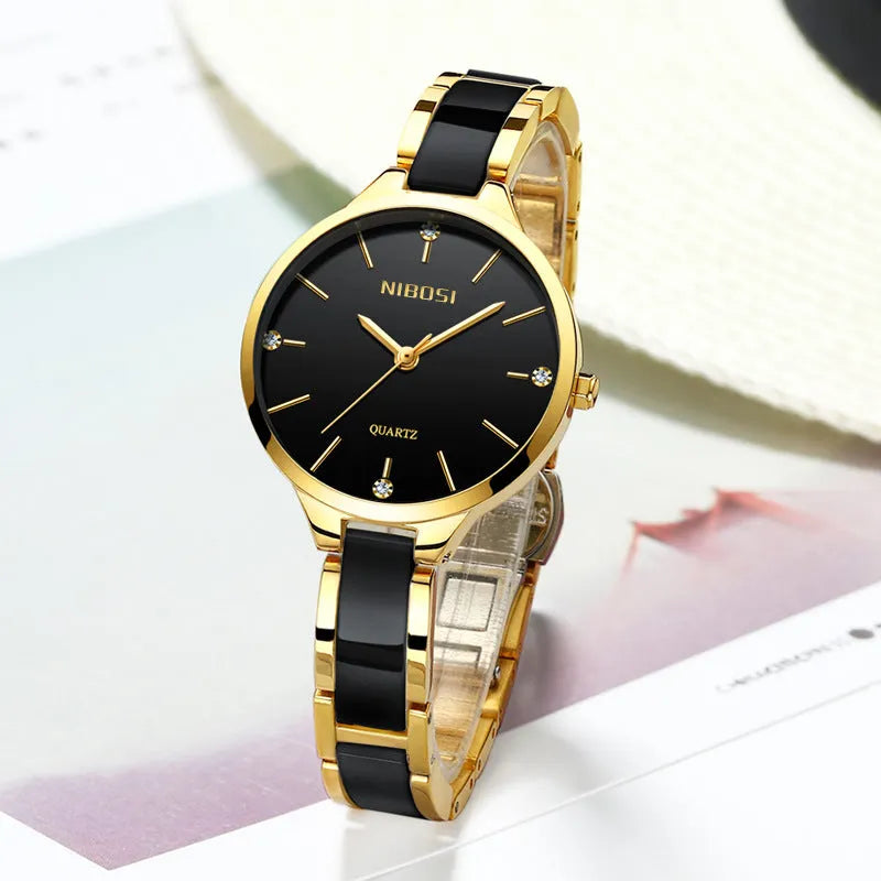 Rhinestone ceramic waterproof quartz ladies watch with stainless steel strap, 33mm dial, black dial option