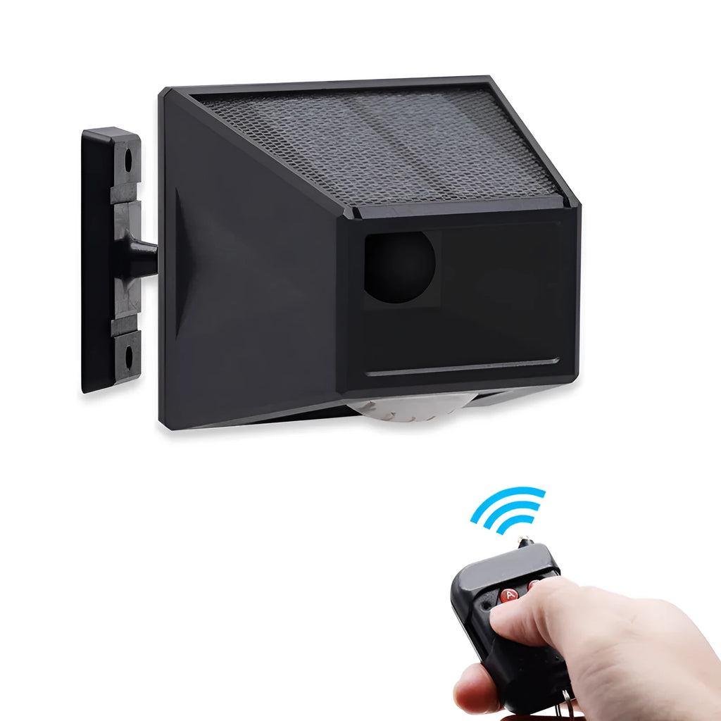 Black solar infrared body sensing alarm lamp with LED light, IP65 rated, 90x90x85mm, mounted on a wall