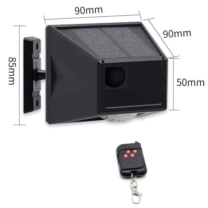 Black solar infrared body sensing alarm lamp with LED light, IP65 rated, 90x90x85mm, mounted on a wall