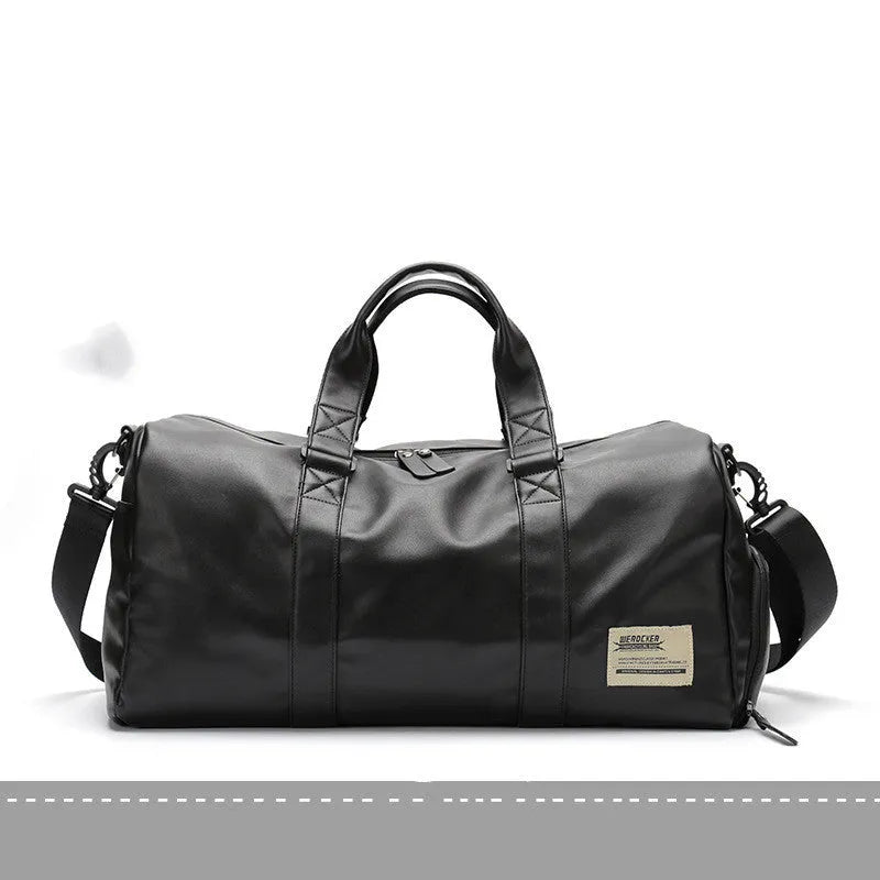 Black waterproof PU leather sports training bag showing internal laptop and camera pockets