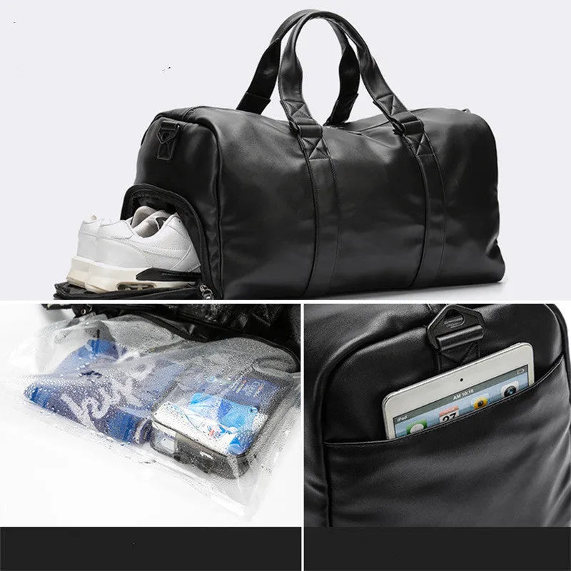 Black waterproof PU leather sports training bag showing internal laptop and camera pockets
