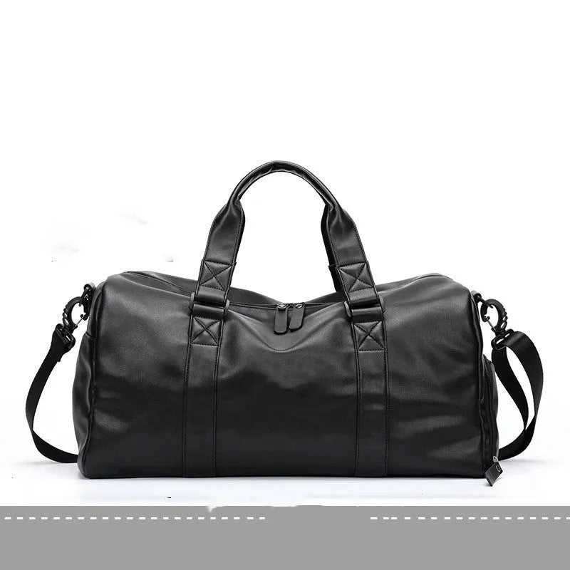 Black waterproof PU leather sports training bag showing internal laptop and camera pockets