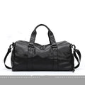 Black waterproof PU leather sports training bag showing internal laptop and camera pockets