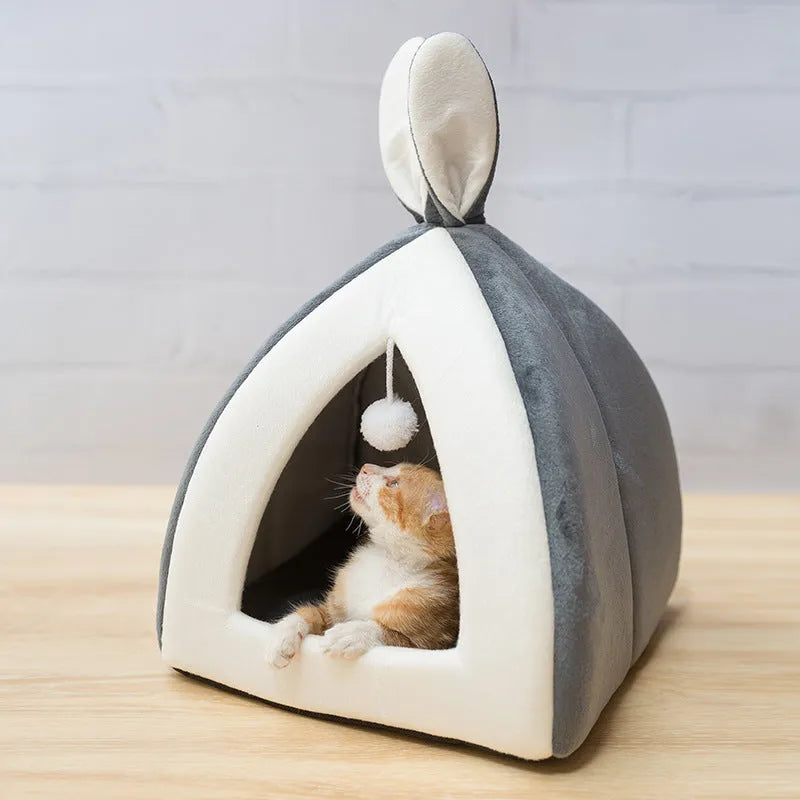 Grey cloth cat house villa bed for indoor cats and small dogs