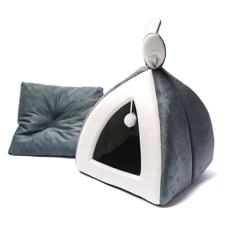 Grey cloth cat house villa bed for indoor cats and small dogs