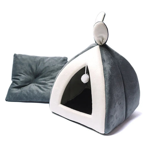 Grey cloth cat house villa bed for indoor cats and small dogs