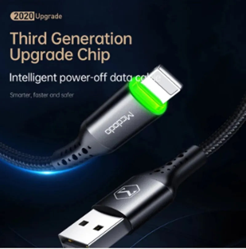 Black Apple iPhone charging cable with LED light showing smart power-off technology