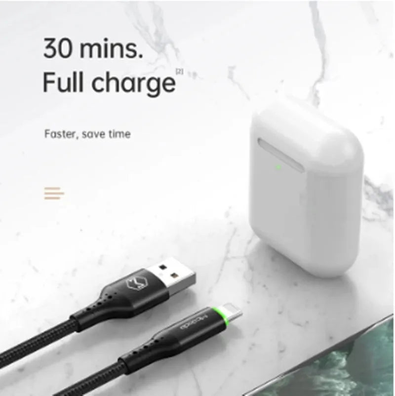 Black Apple iPhone charging cable with LED light showing smart power-off technology